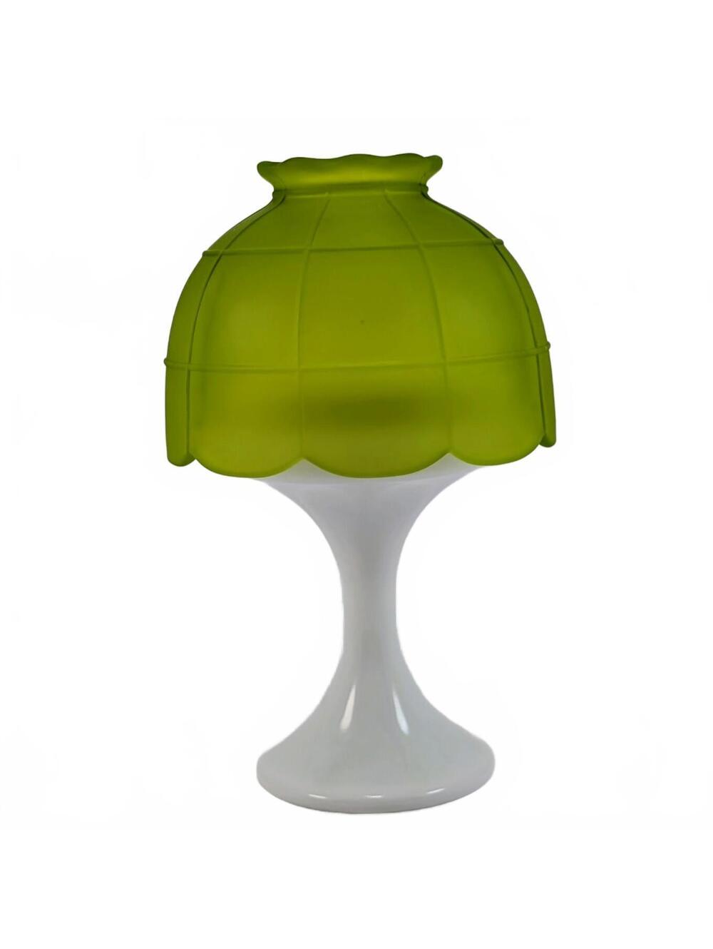 Vtg Westmoreland Paneled Satin Green Shade & Milk Glass Pedestal Fairy Lamp